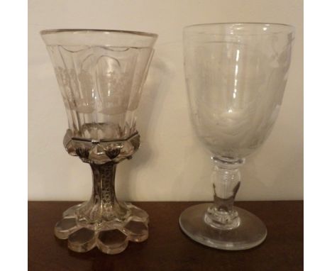 Superb quality extra large engraved glass goblet with a hunting scene inscribed D'ye Ken John Brown 30cms high together with 