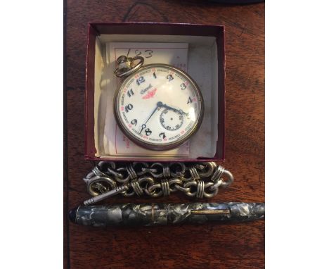 Ingersoll pocket watch,"Unique Junior" vintage pen and silver bracelet.