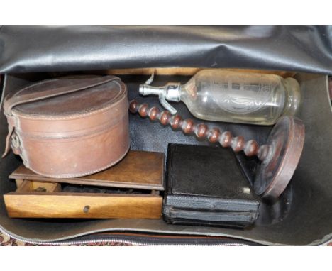 Miscellany inc. wig stand, scales, collar box, Hull soda siphon and plate camera