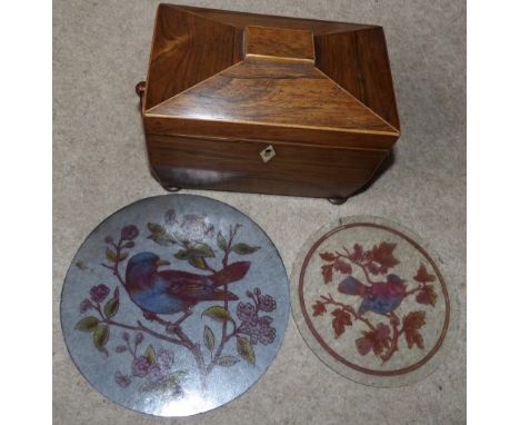 Rosewood tea caddy and two bird painted glass roundels