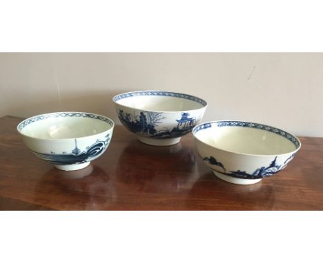 Three 18th c blue and white bowls 1 Liverpool and 2 Worcester 21cm 18cm and 16cm respectively