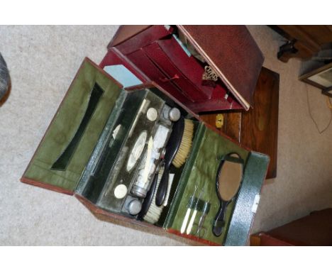 Victorian brass bound mahogany writing box, leather vanity case & contents and vintage statioery box
