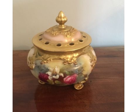 Royal Worcester pot pourri and cover painted with flowers c1904 13 cms high