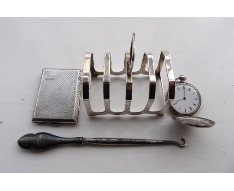 Wm. Suckling silver toast rack 1939,Mappin and Webb engine turned matchbook holder, button hook and small Swiss silver watch