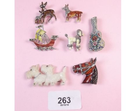 Four vintage enamel and marcasite animal brooches, a ship brooch, a micro mosaic brooch and a plastic dog brooch