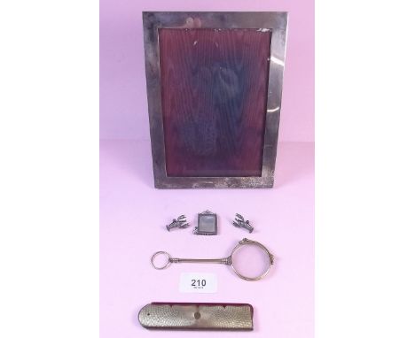 A Fisher Sterling silver photograph frame 15.5 x 20cm, a miniature silver frame, a pair of silver lobster earrings, gold plat