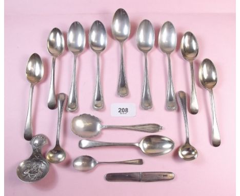 A set of six silver teaspoons, a part set of five silver teaspoons, a white metal caddy spoon, silver penknife, two plated sa