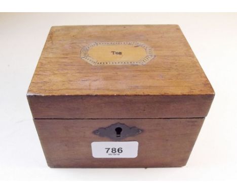 A Georgian mahogany square tea caddy inlaid 'Tea' to top