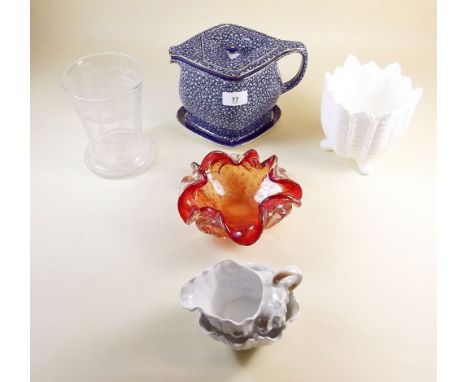 A Rubian Ware blue and white cube teapot, a Coalport shell planter, a lustred milk jug and sugar bowl, an Edwardian etched gl