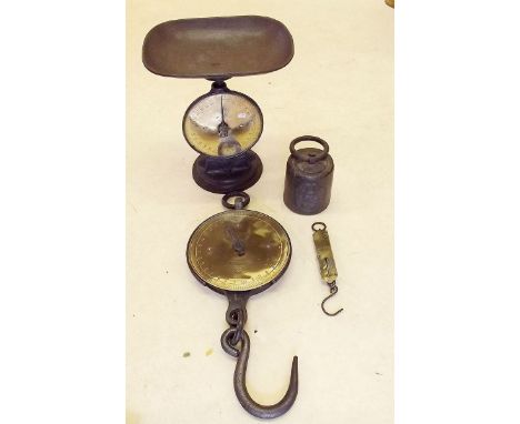 Three Salters scales: a Family Scale No.50, a pocket balance and a 'Spring Balance' with a 1lb 14 weight