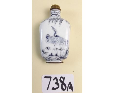 A Chinese blue and white enamel snuff bottle decorated storks