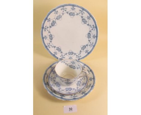 A 1920's Grosvenor blue and white tea service, seven cups, ten saucers, seven tea plates and a cake plate.