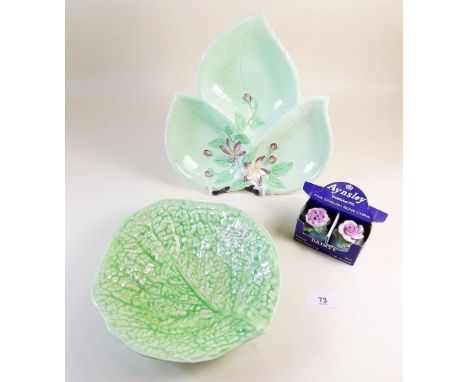 A Carltonware leaf form dish, another leaf form dish and an Aynsley pair of flower form cruets boxed