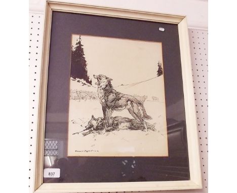 Harry Rowntree - ink sketch of a wolf pack, signed - 32 x 25cm