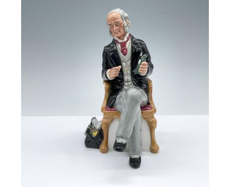 Hand decorated figure of a seated physician pointing to a bottle of medicine. Royal Doulton backstamp. Artist: William K. Har