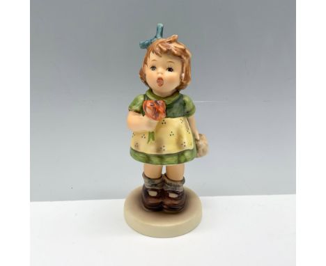 Exquisite figure depicting a young girl who is shocked while she is holding a bouquet of flowers. Goebel backstamp. This item