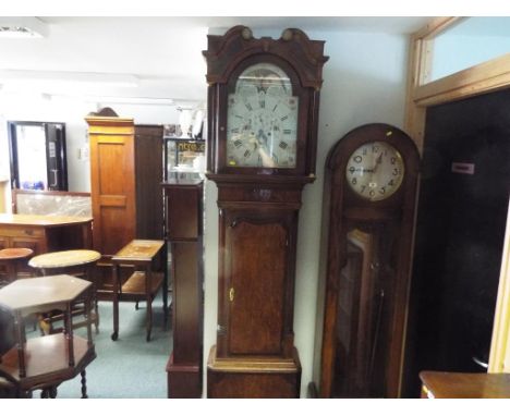 A late 18th century 8 day longcase clock, oak and mahogany case with full length door, quarter reeded columns surmounted by a