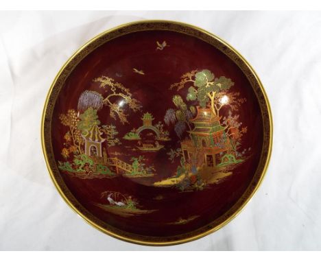 Carlton Ware - a large Rouge Royale pedestal bowl decorated with depiction of a Pagoda, 12 cm (high) x 26 cm (diameter) - Est