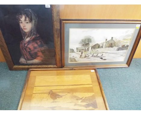 A large print by Alan Ingham depicting a shepherd with his flock, mounted and framed under glass, image size 36 cm x 62 cm, i