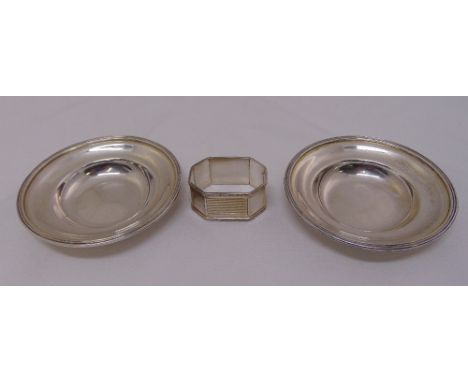 A pair of silver coasters and an engine turned napkin ring, approx total weight 203g