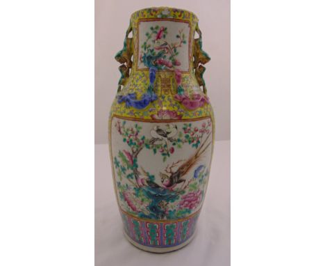 A Cantonese famile rose lamp base of circular form decorated with birds and blossoms, A/F, 43.5cm (h)
