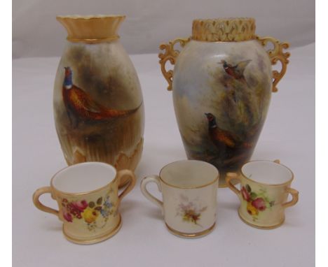 Two Royal Worcester hand painted vases decorated with game birds and three miniature cups, tallest 15cm (h) (5)