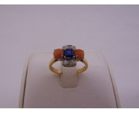 18ct yellow gold diamond, sapphire and coral ring, approx total weight 3.7g