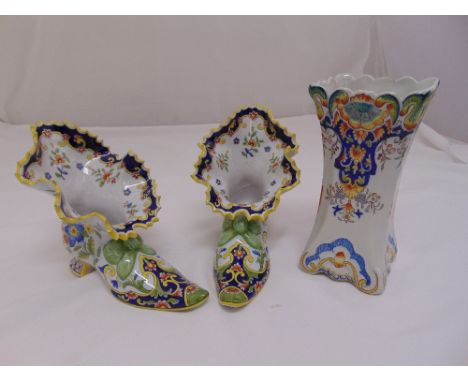 A pair of Faience ceramic vases in the form of a pair of ladies shoes and a shaped rectangular vase with scalloped edge, tall