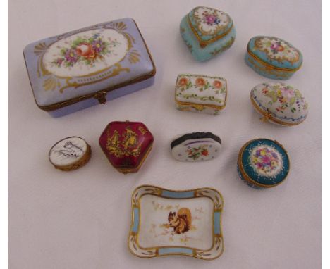 Eight porcelain pill and patch boxes of various size and shape, a rectangular hinged covered box and a pin tray (10)