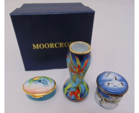 Moorcroft enamel vase, a Moorcroft enamel covered box and a Bilston enamel patch box