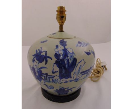 A Chinese blue and white vase form table lamp decorated with figures in a landscape, 26cm (h)