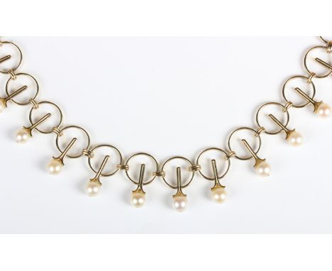 A gold and cultured pearl necklace in a circular link design, detailed '585', on a boltring clasp, weight 45.9g, length 42cm.