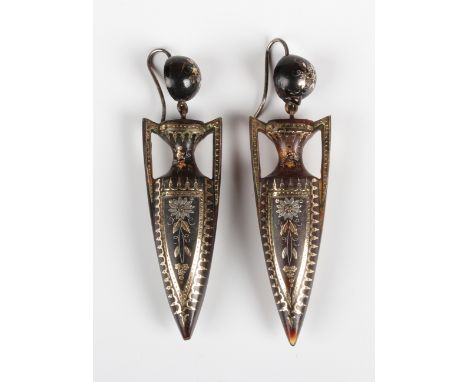 A pair of Victorian piqué tortoiseshell pendant earrings, each designed as a twin handled classical amphora with a hemispheri