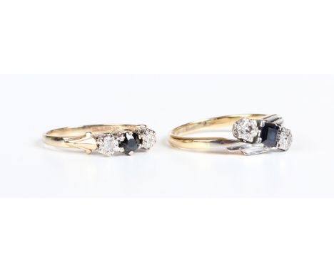 An 18ct gold ring, mounted with a square cut sapphire between two circular cut diamonds in a crossover design, London 1969, w