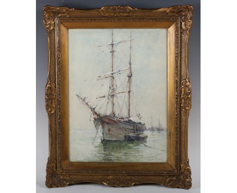 Emily Murray Paterson - Sailing Vessels at Anchor, late 19th/early 20th century watercolour, signed recto, label verso, 37.5c