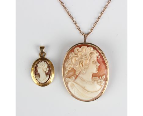 A gold mounted oval shell cameo pendant, carved as a portrait of a lady, detailed '9K Italy', length 3.6cm, with a gold neckc