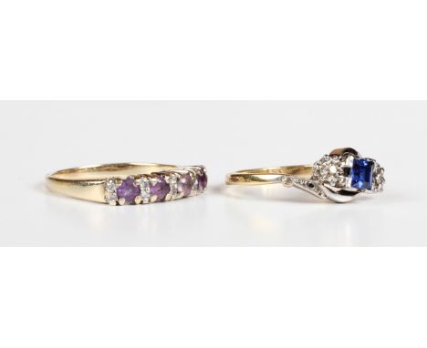 A gold and platinum ring, mounted with a square cut synthetic sapphire between two circular cut diamonds in a crossover desig