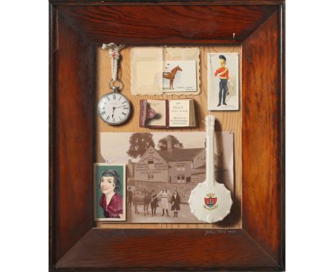John Flint - 'Old Timers' (Trompe l'Oeil), oil on board, signed and dated 1985 recto, exhibition labels verso, 30.5cm x 25.5c