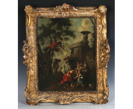 After Nicolas Lancret - The Earth (Figures harvesting Fruit near a Fountain), late 18th/early 19th century oil on panel, 40.5