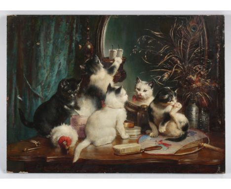 Carl Reichert - Cats at Play on a Dressing Table, oil on panel, signed and dated 1889, 18cm x 24cm.Buyer’s Premium 29.4% (inc