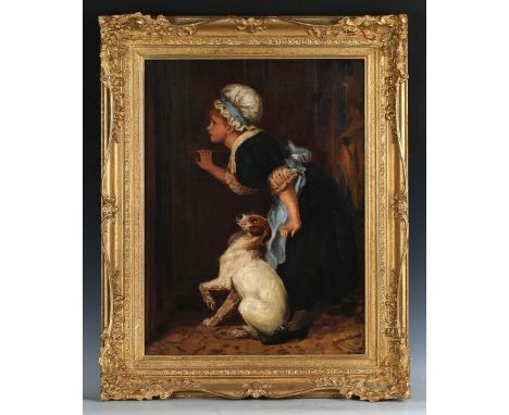 After Briton Riviere - Mother Hubbard (Girl peeping through a Doorway with Dog), late 19th century oil on canvas, 60cm x 45.5