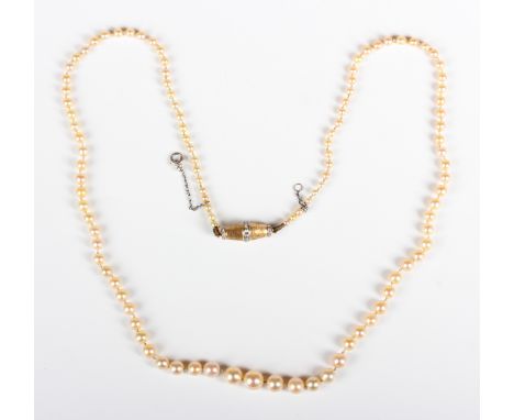 A single row necklace of graduated golden coloured pearls on a gold and rose cut diamond clasp, total length 44cm, smallest p