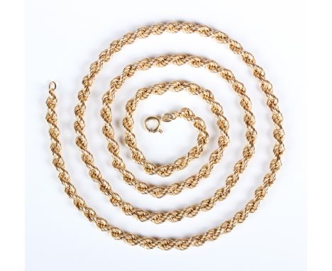 A gold ropetwist link neckchain, detailed '375', on a boltring clasp, weight 22.9g, length 70.8cm.Buyer’s Premium 29.4% (incl