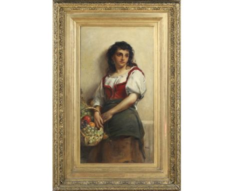 Thomas Kent Pelham - Young Girl holding a Basket of Fruit, 19th century oil on panel, signed recto, labels verso, 90cm x 47cm