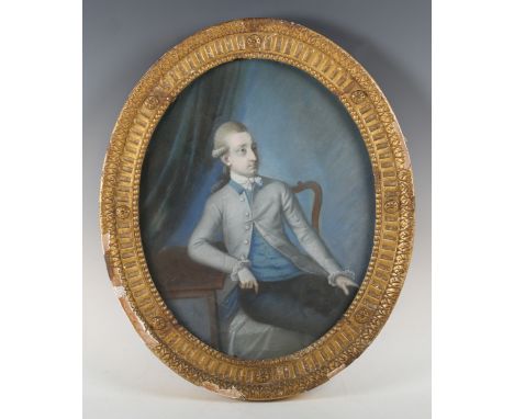 Circle of Daniel Gardner - Oval Three-quarter Length Portrait of a Man wearing a Periwig, Grey Jacket, Blue Chemise and White