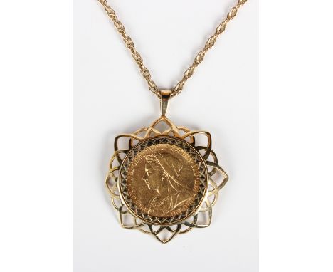 A Victoria Old Head sovereign 1896 M in a 9ct gold pendant mount, weight 11.9g, length 4.2cm, with a gold neckchain on a bolt