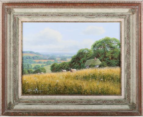 David Morgan - Sheep in a Meadow near a Thatched Cottage, late 20th/early 21st century oil on canvas, signed, 29.5cm x 39.5cm