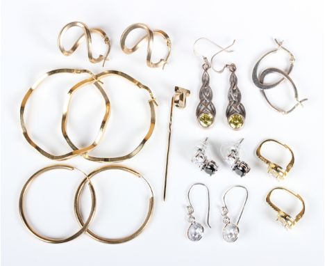 Two pairs of 9ct gold earrings, a 9ct gold stickpin with initial 'J' finial, total weight 4.5g, another pair of gold hoop ear