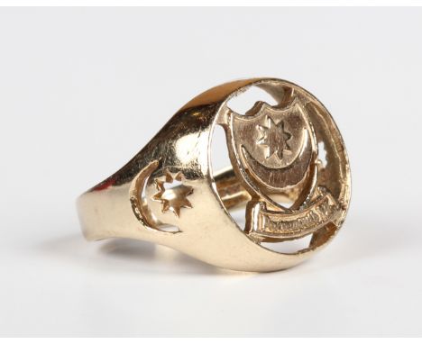 A 9ct gold ring, designed as the shield of Portsmouth Football Club, with star and crescent pierced shoulders, weight 5.5g, r