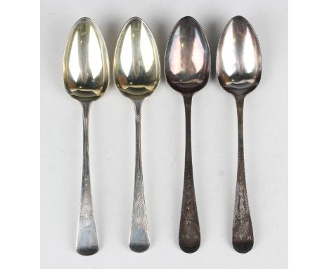 A pair of George III silver bright cut engraved Old English pattern tablespoons, London 1793 by Peter &amp; Ann Bateman, leng